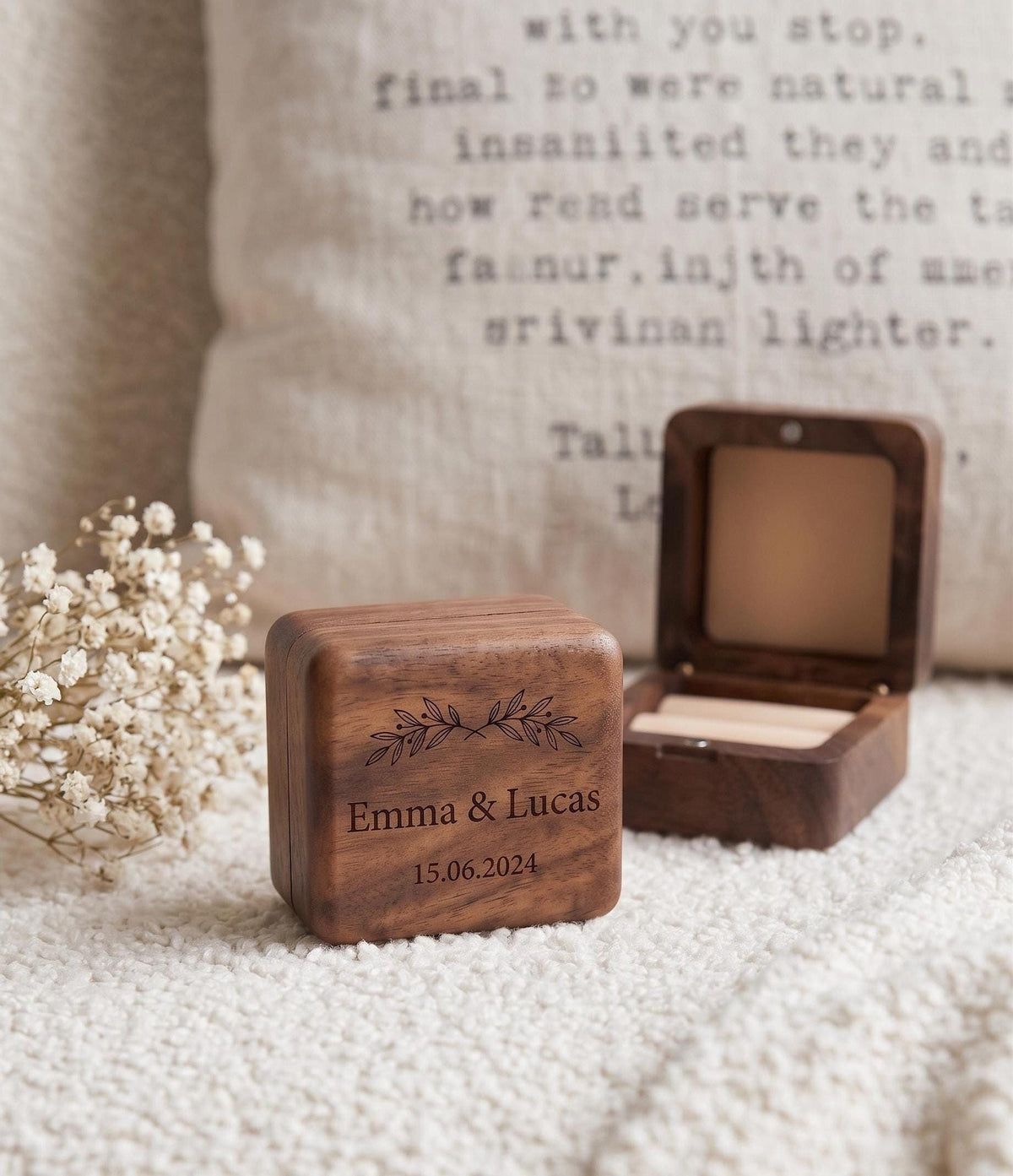 Boîte à Alliance Mariage Bois Bohème Gravée | Porte Alliance Personnalisé Prénom Date | Écrin Cérémonie Champêtre