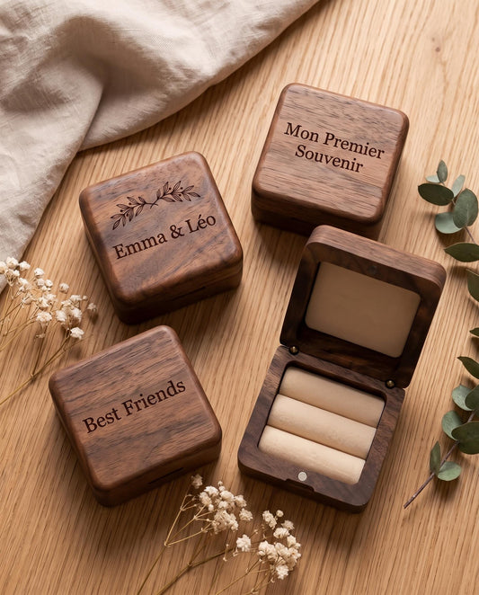 Boîte à Alliance Mariage Bois Bohème Gravée | Porte Alliance Personnalisé Prénom Date | Écrin Cérémonie Champêtre