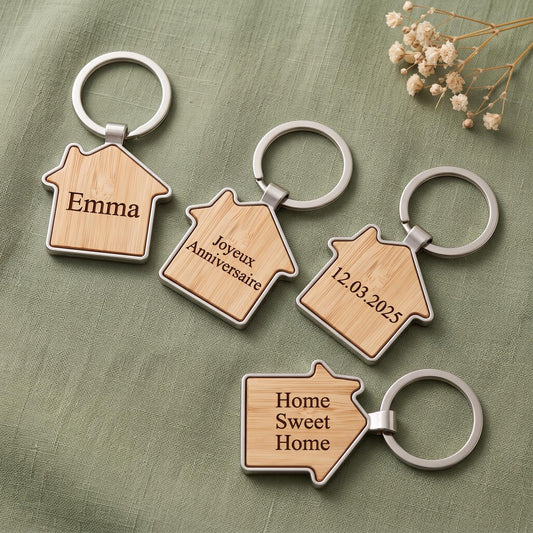 Porte-clés maison personnalisé en bambou et zinc