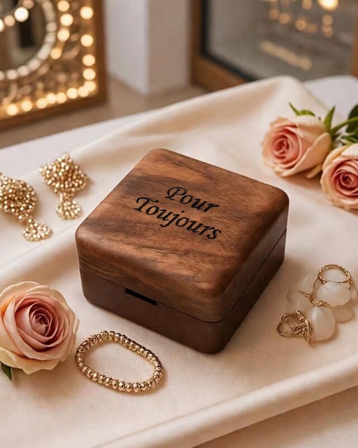 Boîte à Alliance Mariage Bois Bohème Gravée | Porte Alliance Personnalisé Prénom Date | Écrin Cérémonie Champêtre