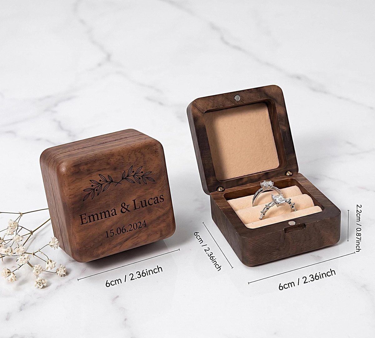 Boîte à Alliance Mariage Bois Bohème Gravée | Porte Alliance Personnalisé Prénom Date | Écrin Cérémonie Champêtre