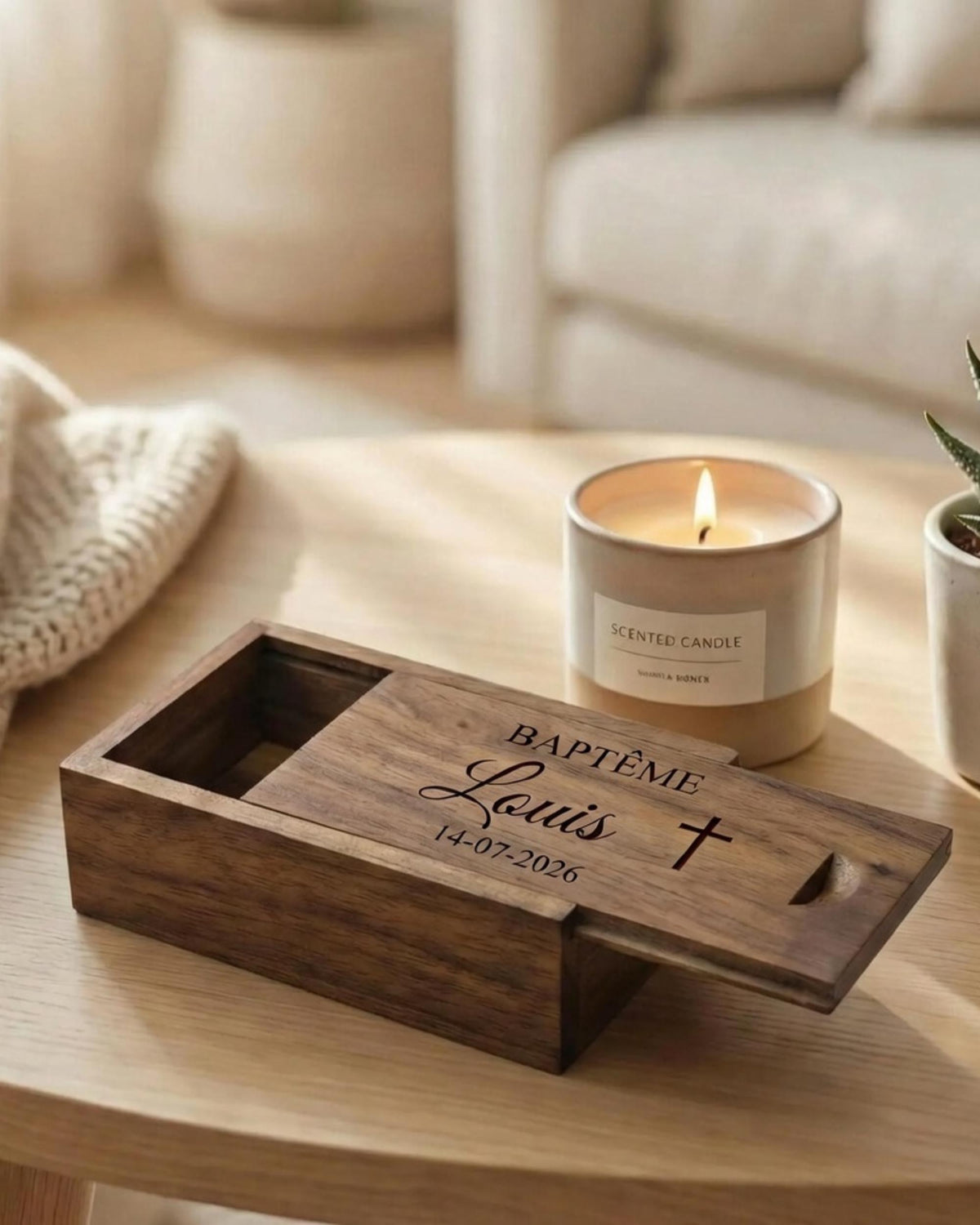 Boîte de communion personnalisée en bois gravé
